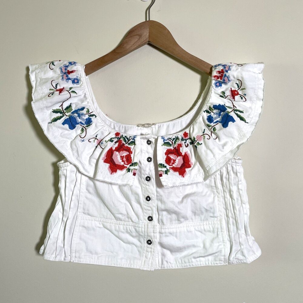 Anthropologie Pilcro Women's Embellished Ruffle Collar Top Size XS 100% Cotton - Picture 2 of 7